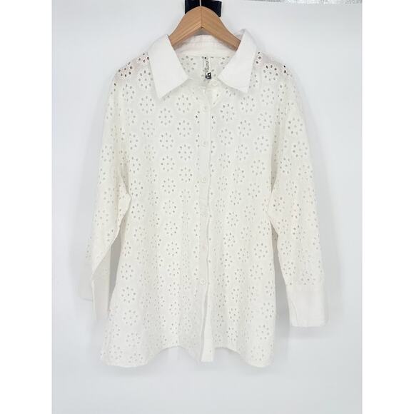ICanToo Top Women Size XL White Eyelet Lace Button Up Capsule Cottage Romantic - Picture 1 of 10